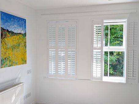 Just Shutters Bristol installation with white plantation shutters adding style and light control to a modern home.